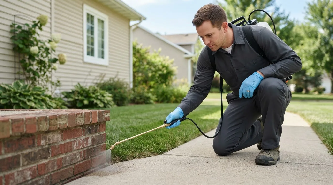 Pest control technician treating a home near New Rockford, ND