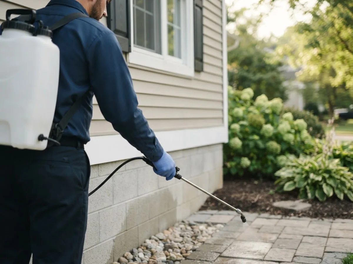 Pest control technician inspecting a home in New Rockford, ND